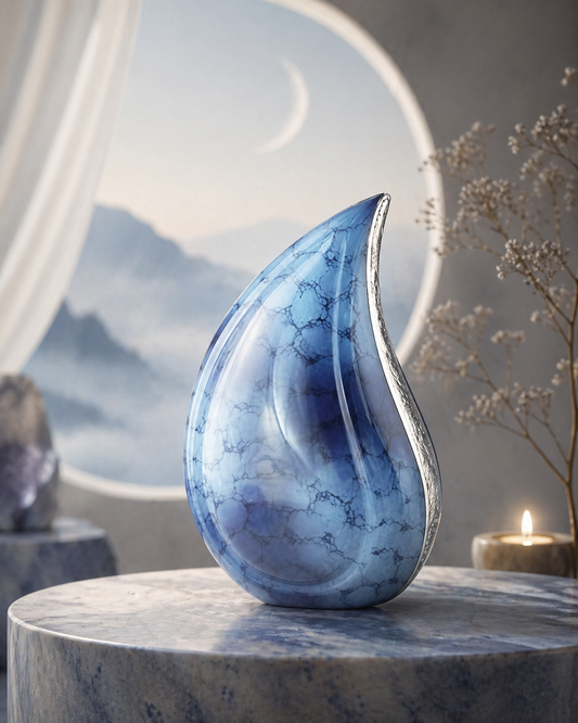 Aqua Veil teardrop cremation urn, front view of flowing blue finish
