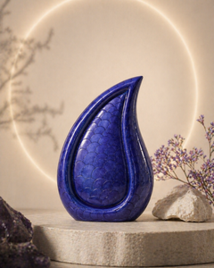 Indigo Veil teardrop cremation urn, front view of structured silhouette