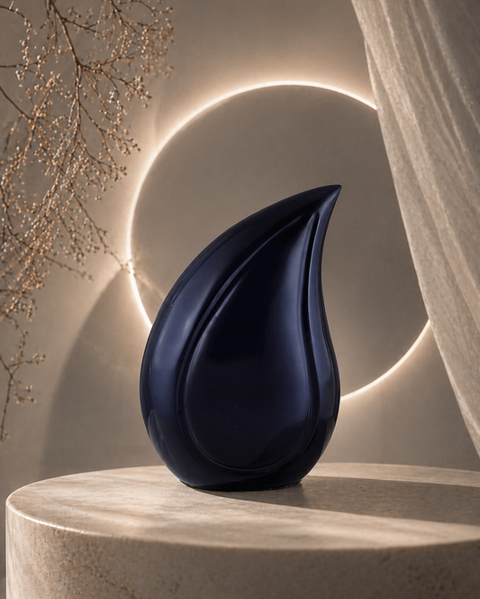 Nero Tide teardrop cremation urn, front view of deep uniform finish